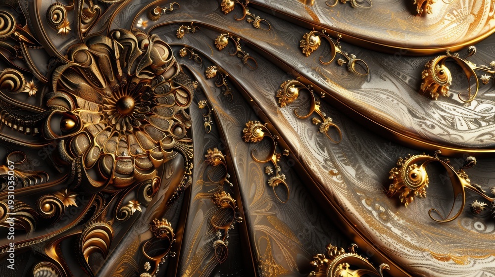 Poster intricate golden swirling patterns create a stunning visual effect, showcasing elegance and sophisti