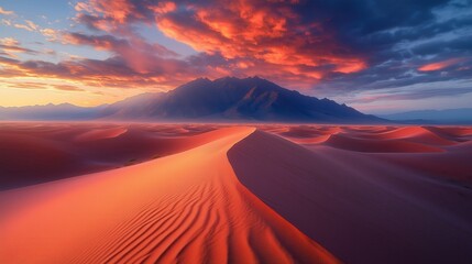 Vibrant Sunset Over Rolling Desert Sand Dunes. Vibrant sunset casts deep shadows and rich colors over rolling sand dunes, with towering mountains in the background.