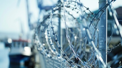 Focusing on sharp razor blade points barbed wire coil with blurry marina and boatyard