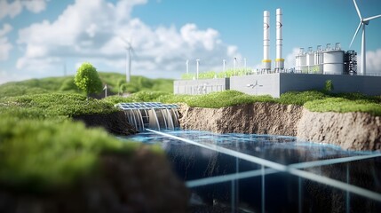 Obraz premium Renewable Energy Mix with Geothermal Power A conceptual 3D depicting a comprehensive system that integrates various renewable energy sources including geothermal solar and wind