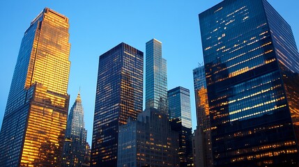 Obraz premium Illuminated Skyscrapers at Dusk in the City