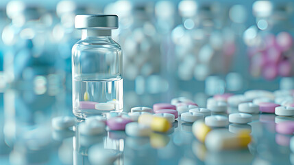 Medicine bottle with various colored pills on reflective surface in laboratory setting
