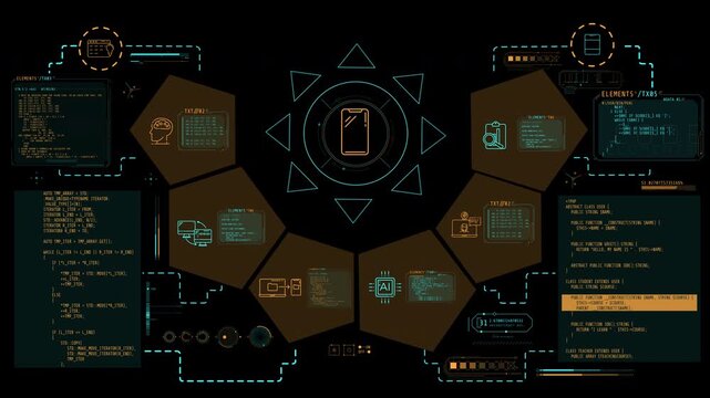 Animated infographic schema on the theme of AI technology in mobile phones.