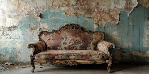 A beautifully vintage couch featuring soft, plush cushions rests against a peeling wall, masterfully evoking a sense of nostalgia and timeless beauty that captivates everyone who sees it