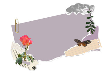 Vector banner collage of torn paper and flowers. Trendy retro style.Ripped newspaper,retro flower,butterfly,torn notebook sheets,old paper in grunge style.