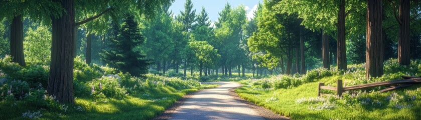 Fototapeta premium A serene forest path surrounded by lush greenery and tall trees, perfect for nature lovers and outdoor enthusiasts.