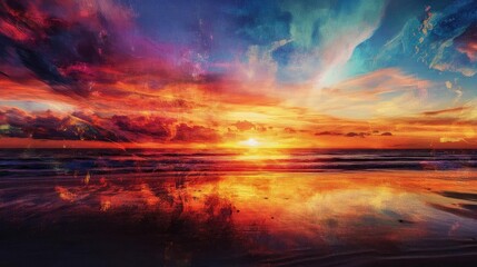 A breathtaking sunset over the ocean, showcasing vibrant colors reflected on the water, creating a serene and magical atmosphere.
