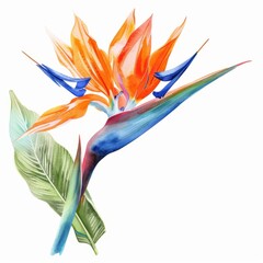 Watercolor painting of a striking bird of paradise flower, with its vibrant orange and blue hues and intricate, on isolated white background