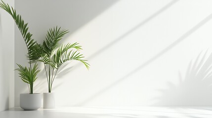 Two potted palm trees in a white room with sunlight streaming through the window.