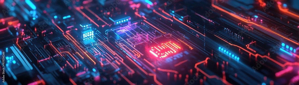 Poster futuristic circuit board technology with vibrant neon colors and intricate patterns, representing ad