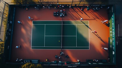 An aerial view of a tennis match in progress, with players on the court and spectators watching from the sidelines.