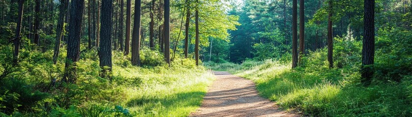 Obraz premium A serene forest path surrounded by lush greenery, inviting exploration and tranquility in nature's embrace.