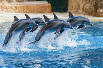 A captivating moment of dolphins leaping gracefully above the water, showcasing their agility and playful nature in a vibrant pool.