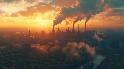 Fototapeta premium Industrial Sunset: A View of the Factory with Smokestacks