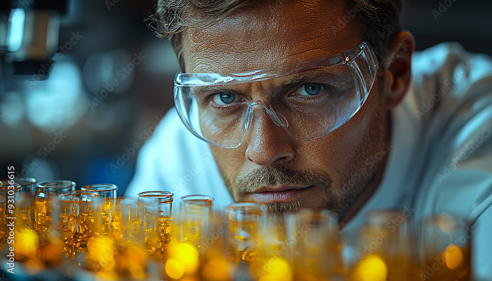 Poster scientist working in laboratory analyzing scientific experiment results generated by ai