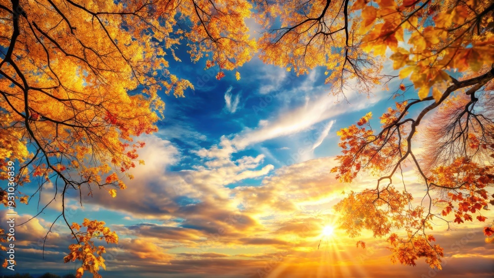 Sticker Autumn sky landscapes featuring colorful leaves, bare branches, and a golden sunlight cast over the horizon , Autumn, sky