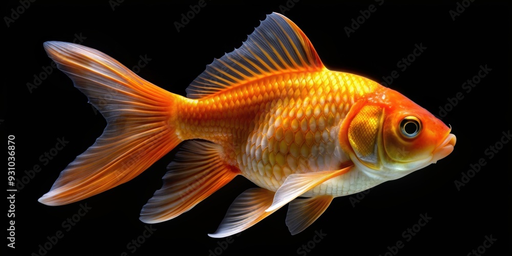 Sticker Goldfish isolated on a black background, goldfish, isolated, black background, fish, underwater, pet, swimming, aquatic, animal