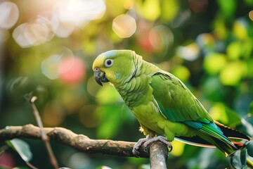 Fototapeta premium A solitary Green Parakeet perched on a tree branch, Generative AI.