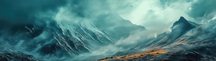 Fototapeta premium Dramatic mountain landscape with swirling clouds, creating a stunning natural scene filled with mystery and awe.