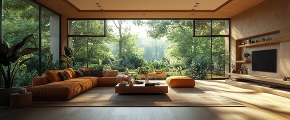 Fototapeta premium Contemporary Living Room, Open Concept, Large Windows, Bright And Airy, 3D Render