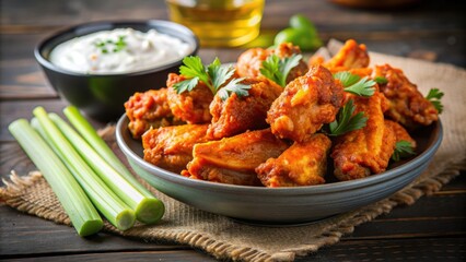 Fototapeta premium Fried chicken wings with buffalo sauce, celery sticks, and blue cheese dip, fried, chicken, wings, buffalo sauce, tangy