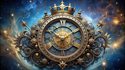 Obraz premium Galactic clock adorned with symbols of Virgo, Athena, and mythology