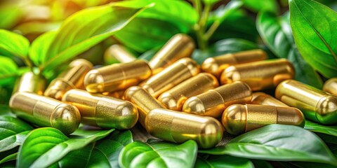 Golden capsules shining among lush green foliage, capsules, gold, shiny, lush, green, foliage, leaves, nature, natural