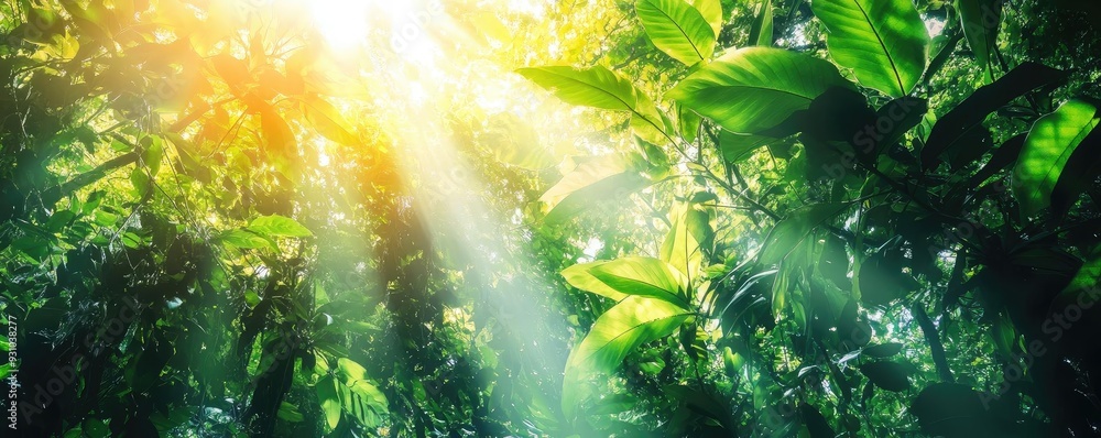 Poster a tranquil forest scene with sunlight filtering through lush green leaves, creating a serene and inv