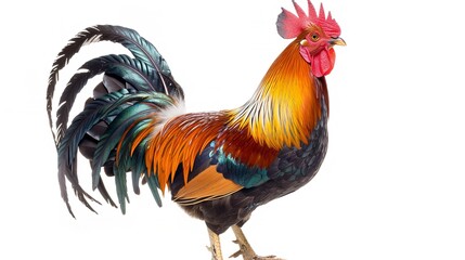 lone cock standing against a white backdrop, Generative AI.