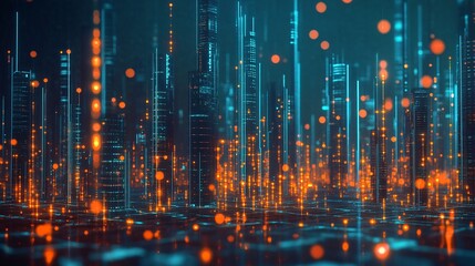 A futuristic cityscape made of data lines and glowing points representing a digital world