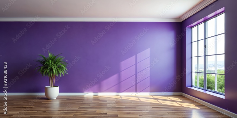 Poster Empty purple room with window and plant, minimalist, interior design, modern, purple, room, window, plant, decor, simplicity, clean