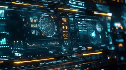 Obraz premium A holographic interface displaying data charts graphs and numbers in a futuristic style