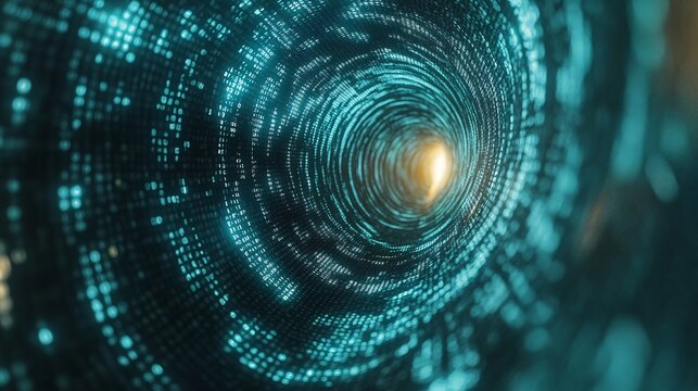 A stream of binary code flowing through a digital tunnel creating a sense of motion