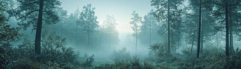 Mysterious fog envelops a serene forest landscape, creating a tranquil and enchanting atmosphere of nature's beauty.