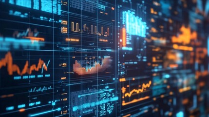 A holographic display of data analytics with graphs and numbers floating in a virtual space