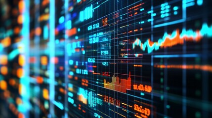 A holographic display of data analytics with graphs and numbers floating in a virtual space