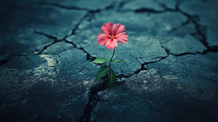 A resilient pink flower blooming through cracked earth, symbolizing hope and beauty in adversity.