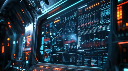 Fototapeta premium A futuristic digital interface displaying data streams and analytics in a high-tech environment