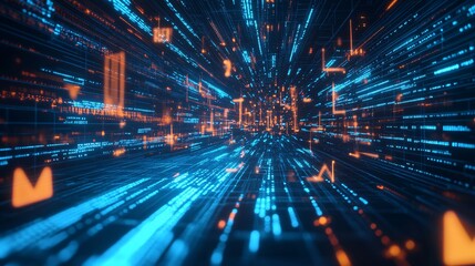A visualization of data transfer with moving arrows and lines on a dark digital background