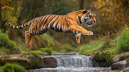 Obraz premium A Bengal tiger leaping across a small stream, its body in full motion. Copy space available