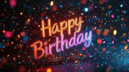 Obraz premium Neon Happy Birthday Sign with Confetti