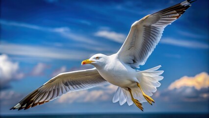 Fototapeta premium Close-up of a majestic gull soaring gracefully in the sky, bird, wildlife, seabird, wings, feathers, flying