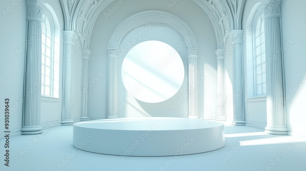 Poster white room with columns circular window and podium