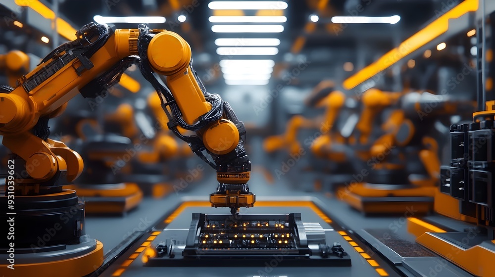 Poster futuristic ai powered factory with robotic arms constructing intricate machinery showcasing the of a
