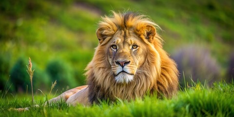 Obraz premium Close-up photo of a majestic lion resting in the grass in its natural habitat, lion, wildlife, safari, animal, nature