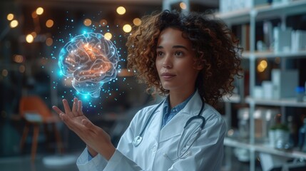 Advanced medicine: doctor holding a hologram of a brain, showcasing medical concepts, neurological disease training, with a focus on psychology, medical technology, and disease management