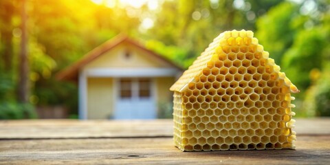 Deserted yellow honeycomb-shaped house with a blurred background , abandoned, empty, old, run-down, forgotten, rustic, architecture