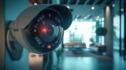 Fototapeta premium Close-up view of a modern home security camera monitoring vigilantly, showing details of advanced technology and vigilance around the area, Ai Generated Images 