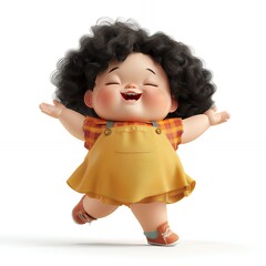 Fototapeta premium Cute 3D cartoon character of a happy young girl with curly black hair laughing with open arms, wearing a yellow dress over a white background.