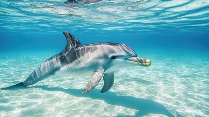 Obraz premium A playful dolphin swims gracefully in clear blue waters, showcasing its beauty and elegance beneath the sunlit surface.